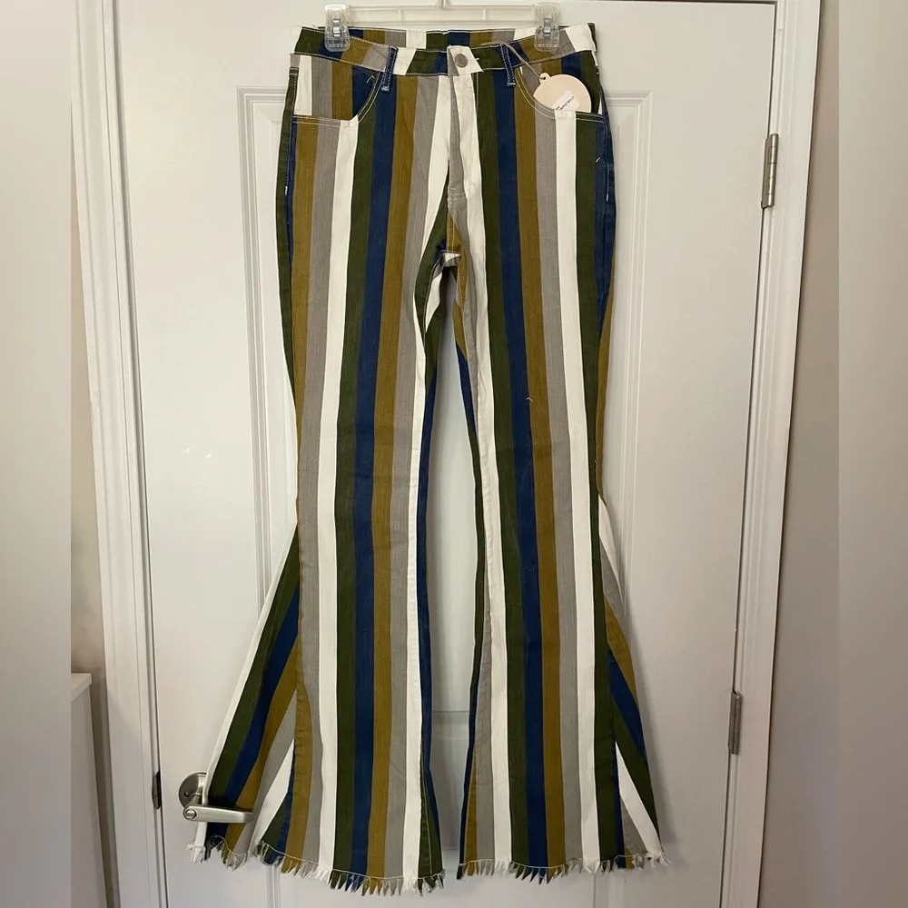 NWT Saint & Hearts Green Multi Striped Bell Bottoms jeans retro style Flares - Picture 2 of 7